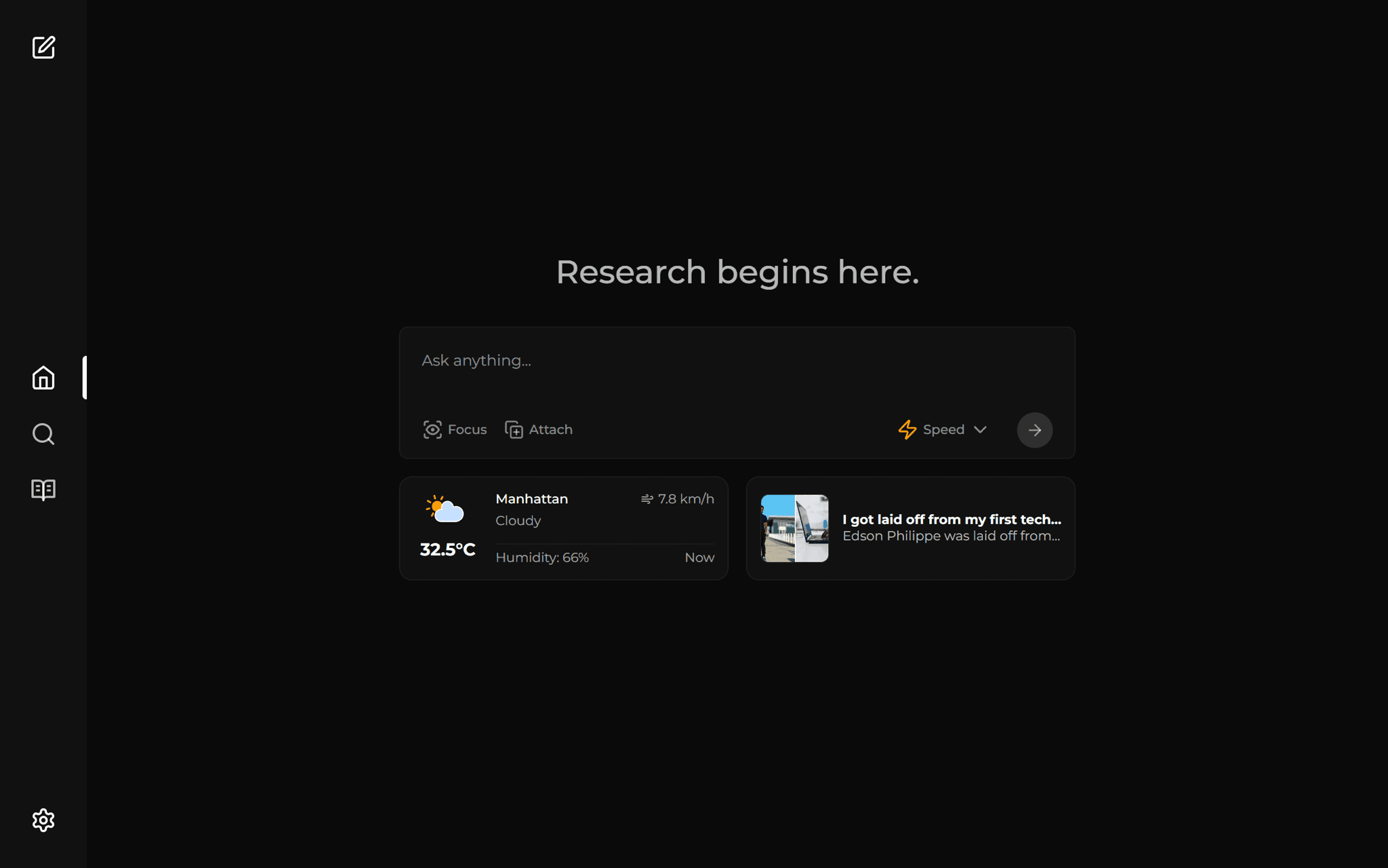 The Vane home screen with an Ask anything box, a speed mode menu and weather and news cards