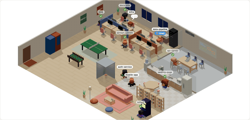 The 3D office view with agents at their desks and finished ones wandering around, recorded with a made-up demo team