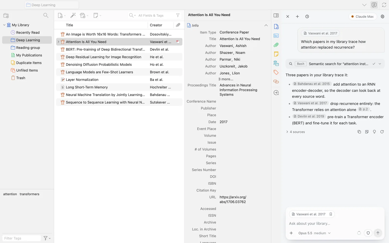 Zotero’s library view with the Zotero Agent chat panel listing which papers in a collection trace one research idea
