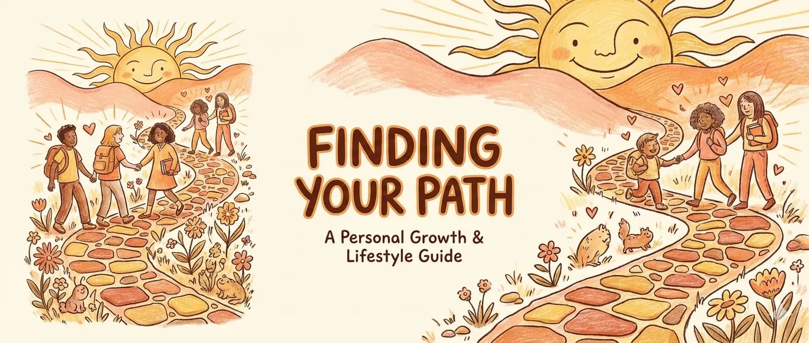 A warm hand-drawn cover titled Finding Your Path, with people walking a sunny trail