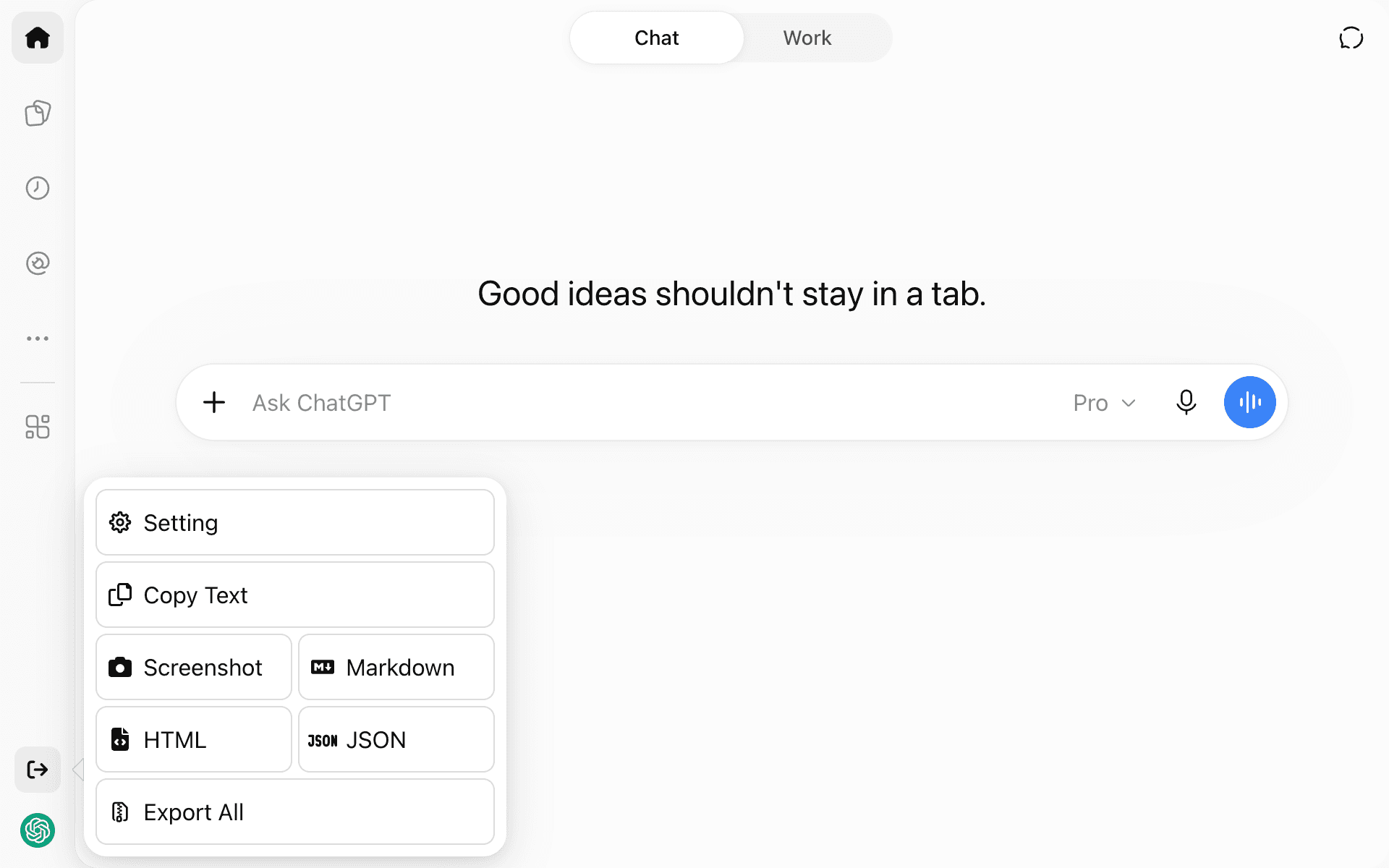 The ChatGPT Exporter menu in the ChatGPT sidebar, with Copy Text, Screenshot, Markdown, HTML, JSON and Export All