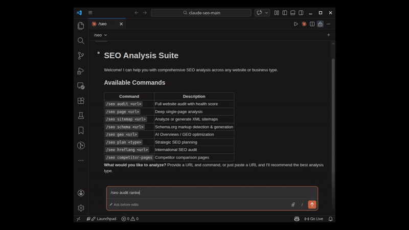 Claude SEO in Claude Code listing its commands and starting a full audit of a website