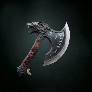 The template's sample result: a textured 3D model of a wolf-headed axe with carved runes